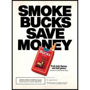 1991 Bucks Filter Cigarettes Vintage Print Ad Buck Deer Antlers Red Box Wall Art